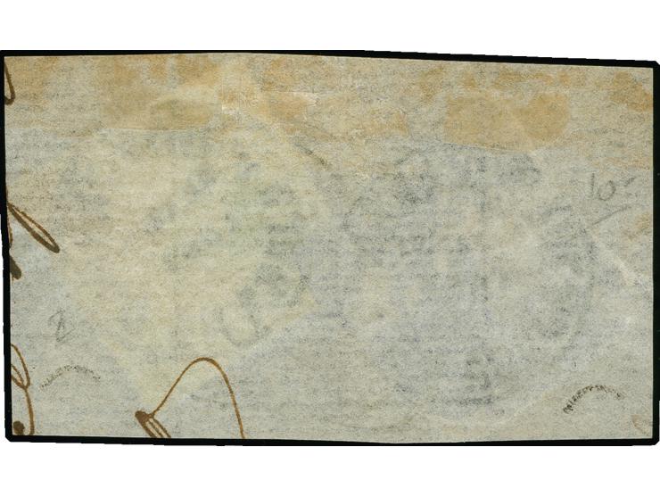 Thin oblong quadrillé paper, 4 r. on blue, together with laid batonné paper Un real on green, tied by infinity cancel to piec