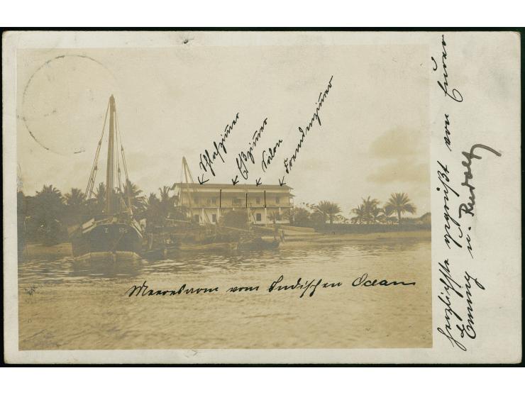 “TSCHOLE DOA 2.12.12” klar auf Kaiseryacht 4 Heller ohne Wasserzeichen auf privater Fotokarte “Haus am Fluss mit Schiff” mit 