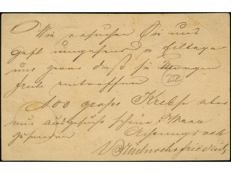 9 auf 9 Kreuzer braunorange, farbfrisch, gut geprägt und üblich gezähnt mit rundem Eckzahn, sauber mit EKr. “DARMSTADT 27.5.7