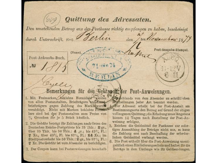1874, portofreie Dienst-Postanweisung (Formular C. 90) von “KIEL 5.1.74” über 3 Thaler 14 Groschen mit Briefstempel “KAISERLI