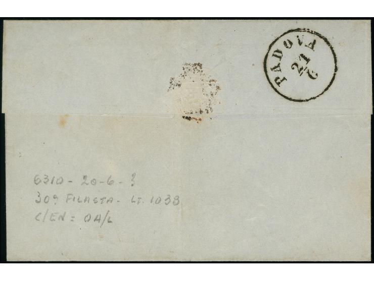 "Piove 20 GIU.", L2 in blauschwarz (azzurrastro) auf 1858, 5 Soldi, Type I, auf Briefhülle nach Padua. Signiert Sottoriva mit