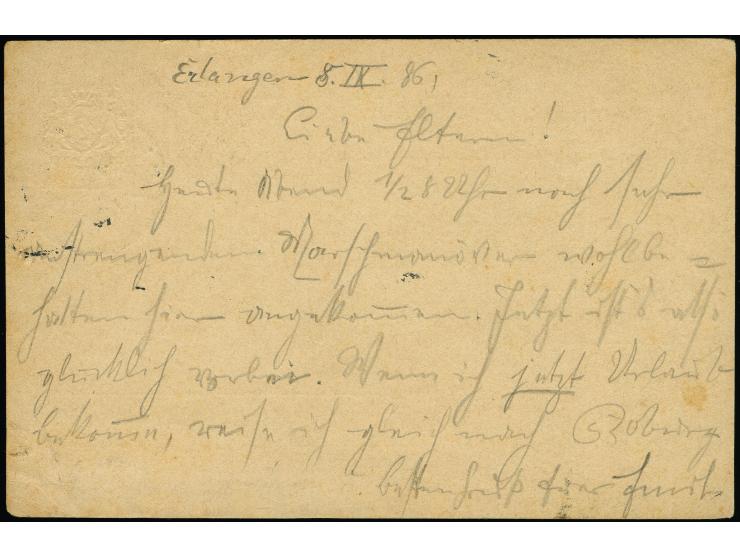 Ganzsachenkarte 10 Pfennig rot ab “ERLANGEN 9 9 12 Vor 86”, adressiert an den Theater Director C.F. Wittmann auf Helgoland, d