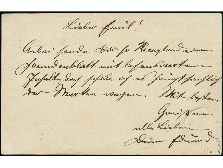 Ganzsachenkarte 10 Pfennig mit Zufrankatur 5 Pfennig lilakarmin/grün, sauber mit L1 “HELGOLAND” nach Hamburg mit vorderseitig