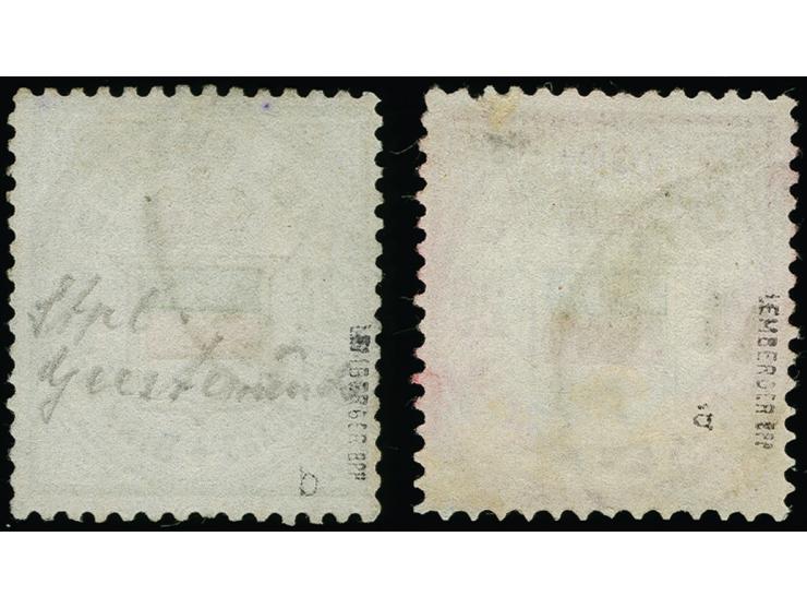 “GEESTEMÜNDE”, je Teilabschlag des EKr. auf etwas fehlerhafter 1876 3 Pfennig grün/orange/zinnoberrot sowie 20 Pfennig lilaka