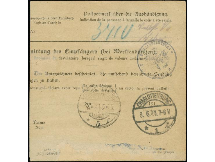 1921, Kogge 2 Mark, zwei Einzelmarken mit Tinten-Entwertung als tarifgerechte Mehrfachfrankatur auf Paketkarten-Stammteil mit