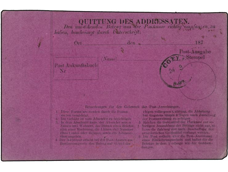 1876, Postanweisung mit Coupon, violettes Formular, Nummer 4, ab „HELIGOLAND MR 22 1876“ via “COELN 24 3 ” nach London, Frank