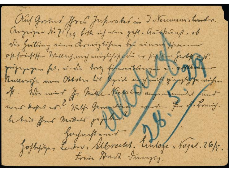 Nebenstempel: 1929, "Von der Kraftpost Ladekopp-Einlage (Freie Stadt Danzig")" klar auf Bild-Ganzsachenkarte 10 Pfennig “Werd