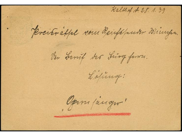 Nebenstempel: 1939, “Von der Kraftpost Danzig-Marienburg (Westpr.)” violetter L2 klar auf Ganzsachenkarte 10 Pfennig mit Stem