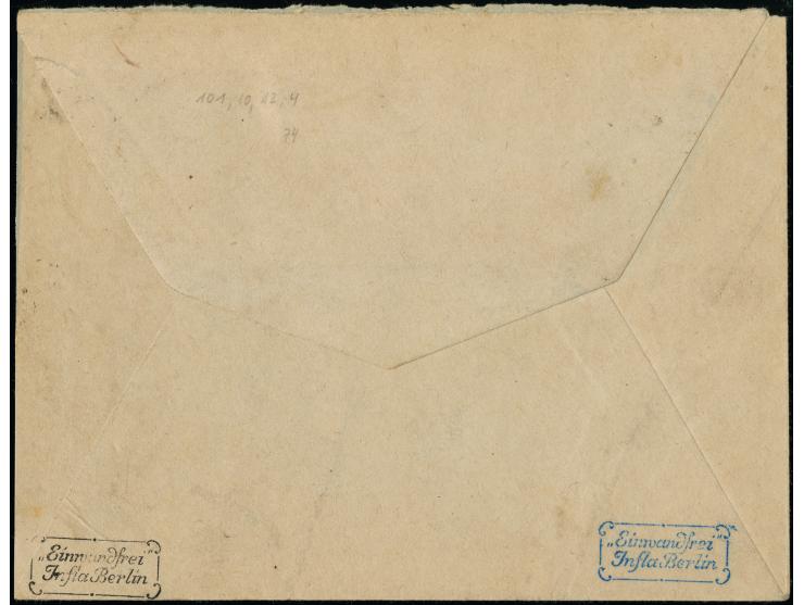 800 Pfennig dunkelpurpur, 300 Pfennig dunkelpurpur und 60 Pfennig dunkelbraunviolett sowie Freimarke Staatswappen 10 Pfennig 