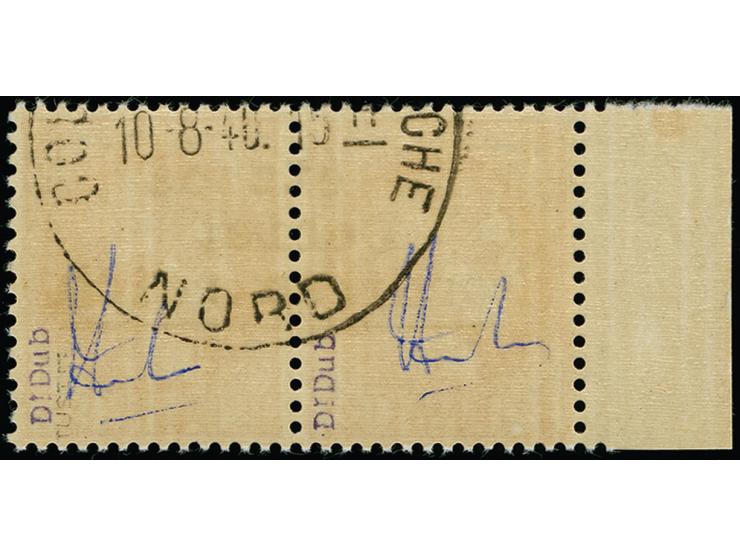 1940, Ceres 2 Fr. lilarot im waagerechten Randpaar mit Aufdruck in Type II mit rückseitigem Teilstempel “COUDEKERQUE-BRANCHE”