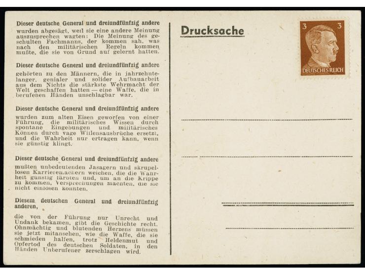 1944, Propagandakarten “Das deutsche Antlitz II - Generaloberst Halder”, mit aufgeklebter, aber nicht entwerteter Hitler 3 Pf