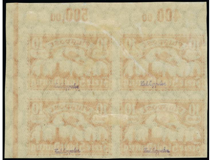 1921, Flugpost 10 M., ungezähnter Probedruck in orangebraun, Viererblock aus der rechten oberen Bogenecke, sauber ungebraucht