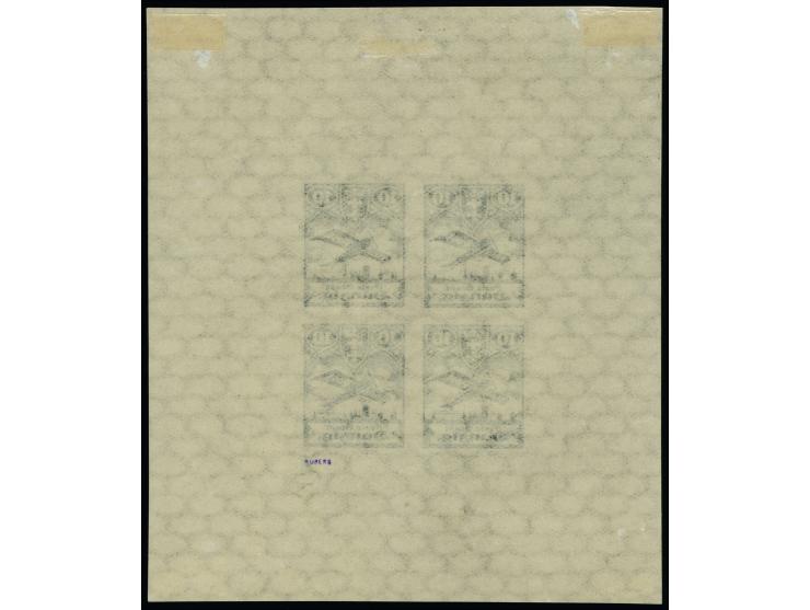 1924, Flugpost 10 Pfg. grünlichblau, Probedruck, ungezähnter Viererblock als Kleinbogen (92x104mm) auf Papier mit liegendem W