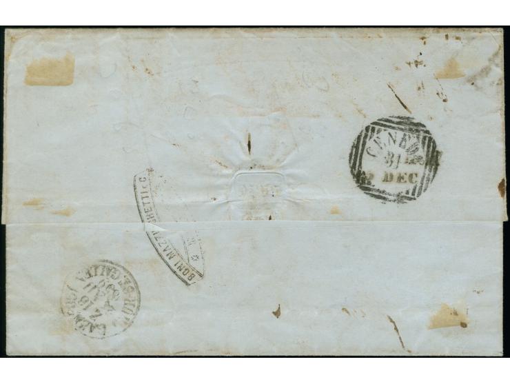 "MILANO 22 DIC.59"; sardischer EKr., auf Sardinien 1859, Centesimi gelbgrün, 3 Einzelwerte, noch voll- bis breitrandig, auf F