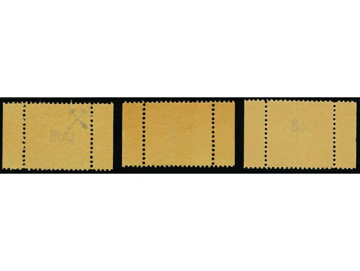 1945, Gebührenzettel 5, 10 und 30 Pfg. auf gelbem Papier mit violettem Kurzschriftstempel, aus Markenstreifen mit ca. 8mm lin