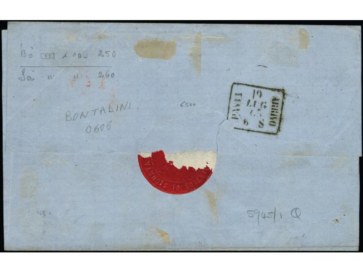 "VENEZIA 18/7", EKr., auf 3er-Streifen 1863, 2 Soldi und 1864, 10 Soldi, auf Briefhülle (2 Seitenteile fehlend) mit teils vor