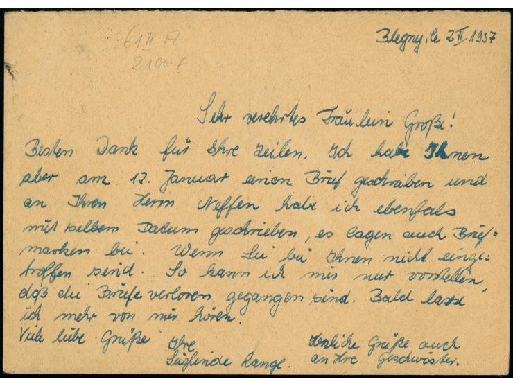 1954/55, Antwort-Karte mit zweisprachigem Vordruck 20 Pfennig mit belgischem Stempel “BLEGNY TREMBLEUR 4.2.57” und viel Text 