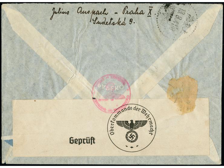 1940, Lainsitzbrücke 5K. mit Zufrankatur mit Stempel “PRAG 20.II.41” auf zensiertem R-Brief nach Shanghai mit Ankunftsstempel