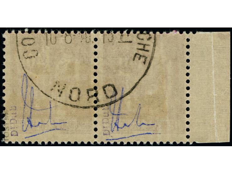 1940, Friedensallegorie 1,40 Fr. lebhaftviolettpurpur im waagerechten Seitenrandpaar mit Aufdrucktype II, postfrisch, rücksei