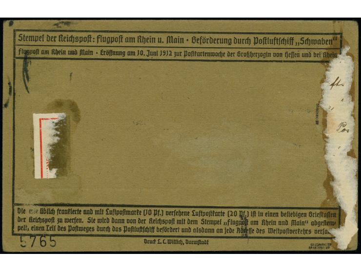 1912, E.EL.P. 10 Pfg. mit Zufrankatur mit Sonderstempel “Darmstadt 23.6.12” auf Sonderkarte, ein Wert der Zufrankatur kurzer 