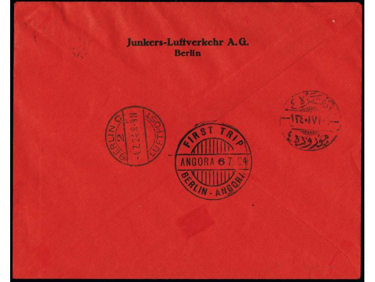 1924, Junkers-Luftverkehr Berlin-Angora mit Sonderstempel “ERSTER FLUG BERLIN-ANGORA BERLIN 5.7.24” zusammen mit Holztaube 10