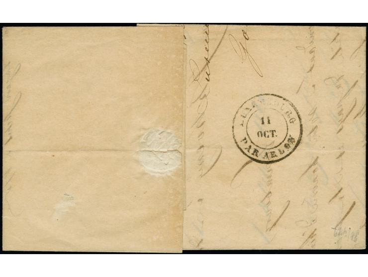 1859, 10 c. pale blue, horizontal pair with large margins, tied by small c.d.s. "LUXEMBOURG 11 OCT 60" to entire letter to Ar