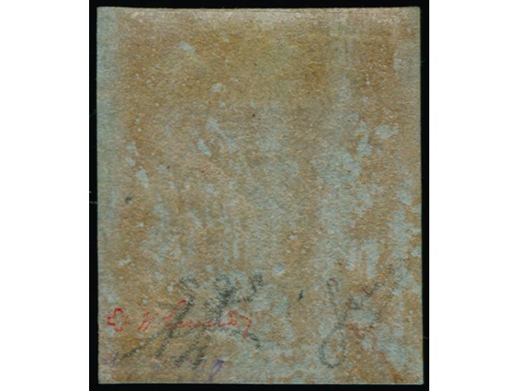 1 Ggr. auf graublau, farbfrisch und gleichmäßig gut gerandet, ungebraucht mit Teilen des Originalgummis. Eine seltene Marke i