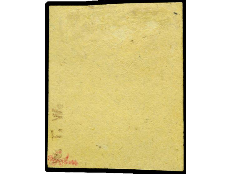 3 Gr. auf gelb, farbfrisch und allseits breitrandig, ungebraucht mit Teilen des Originalgummis. Tadellos.&nbsp;