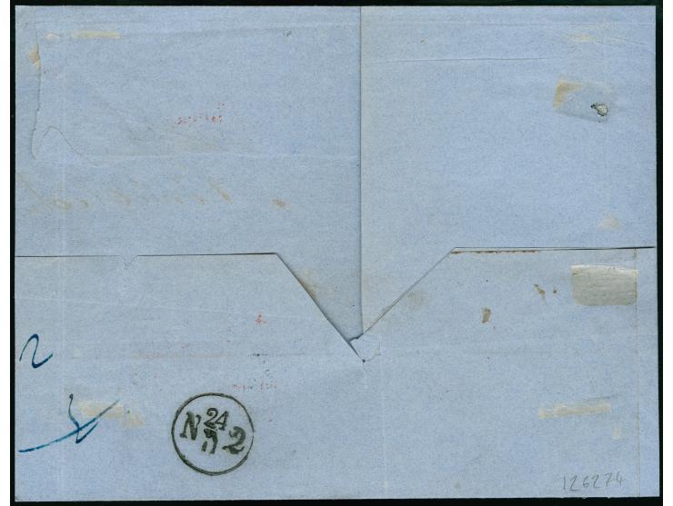 1 Ngr. a. mattgraurot, Type II, drei Einzelwerte, zusammen mit 1852,2 Ngr. auf dunkelblau, zwei 1 Ngr. unten berührt bzw. ang