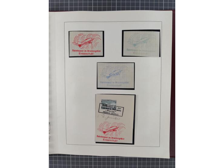 1933/35, umfangreiche Sammlung “Gerhard Zucker - Raketenpost” mit vielen Vignetten inkl. Kleinbogen, Abarten, Proben und Beso