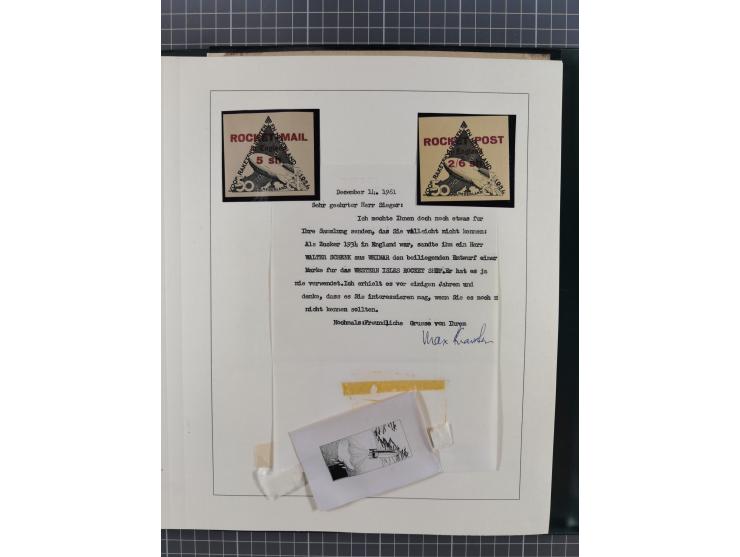 1933/35, umfangreiche Sammlung “Gerhard Zucker - Raketenpost” mit vielen Vignetten inkl. Kleinbogen, Abarten, Proben und Beso