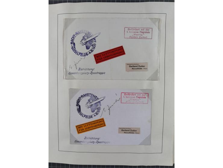 1933/35, umfangreiche Sammlung “Gerhard Zucker - Raketenpost” mit vielen Vignetten inkl. Kleinbogen, Abarten, Proben und Beso