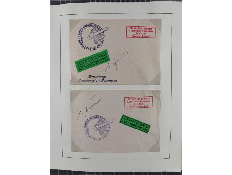 1933/35, umfangreiche Sammlung “Gerhard Zucker - Raketenpost” mit vielen Vignetten inkl. Kleinbogen, Abarten, Proben und Beso