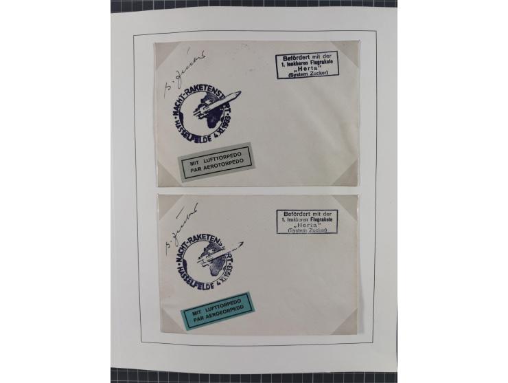 1933/35, umfangreiche Sammlung “Gerhard Zucker - Raketenpost” mit vielen Vignetten inkl. Kleinbogen, Abarten, Proben und Beso