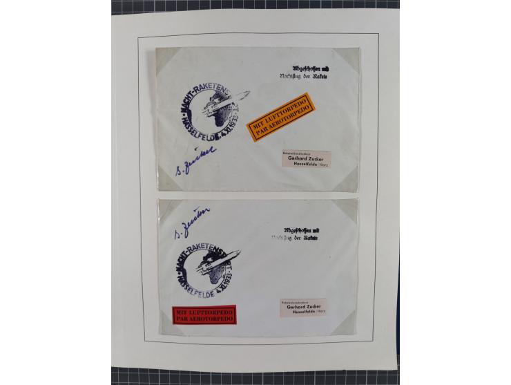 1933/35, umfangreiche Sammlung “Gerhard Zucker - Raketenpost” mit vielen Vignetten inkl. Kleinbogen, Abarten, Proben und Beso