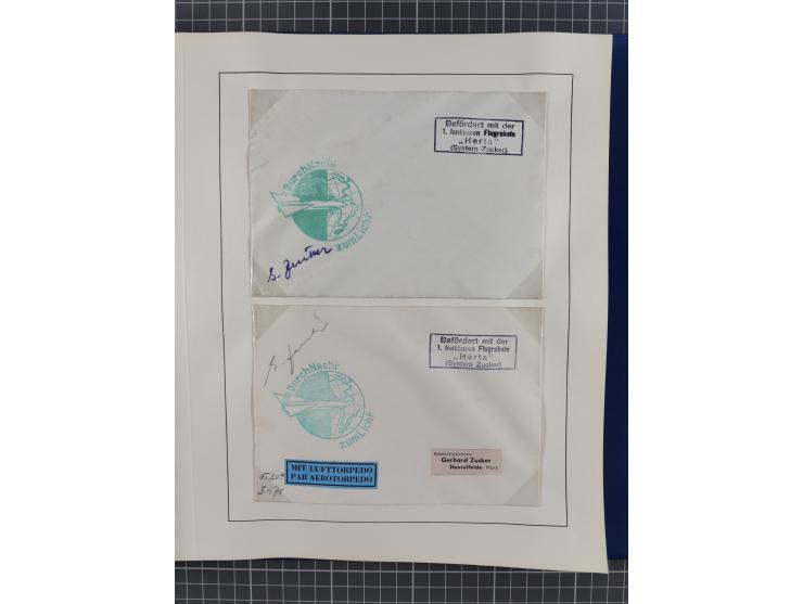 1933/35, umfangreiche Sammlung “Gerhard Zucker - Raketenpost” mit vielen Vignetten inkl. Kleinbogen, Abarten, Proben und Beso