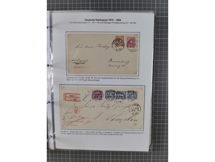 1875/79, umfangreiche Sammlung mit ca. 160 Briefen, Karten, Paketkarten und Ganzsachen, dabei Farben, Einzel- und Mehrfachfra