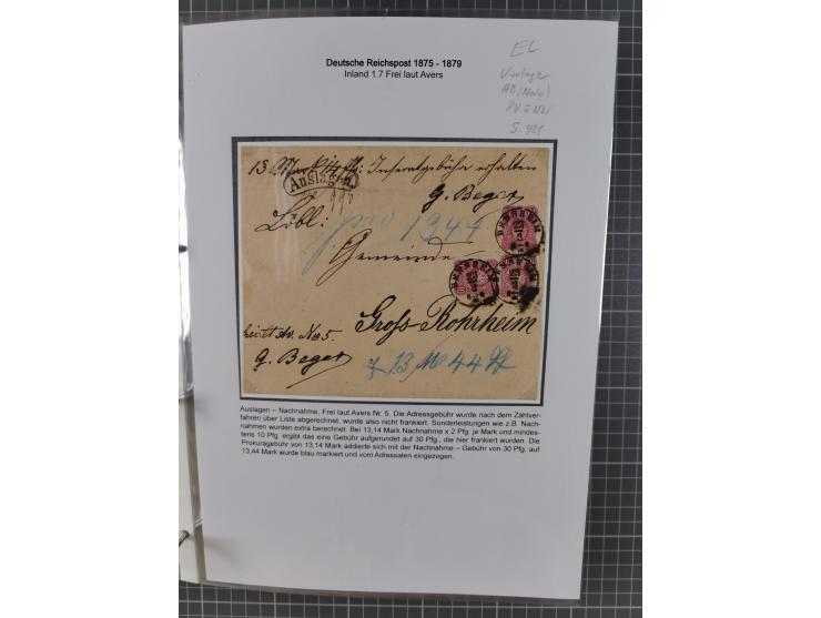 1875/79, umfangreiche Sammlung mit ca. 160 Briefen, Karten, Paketkarten und Ganzsachen, dabei Farben, Einzel- und Mehrfachfra