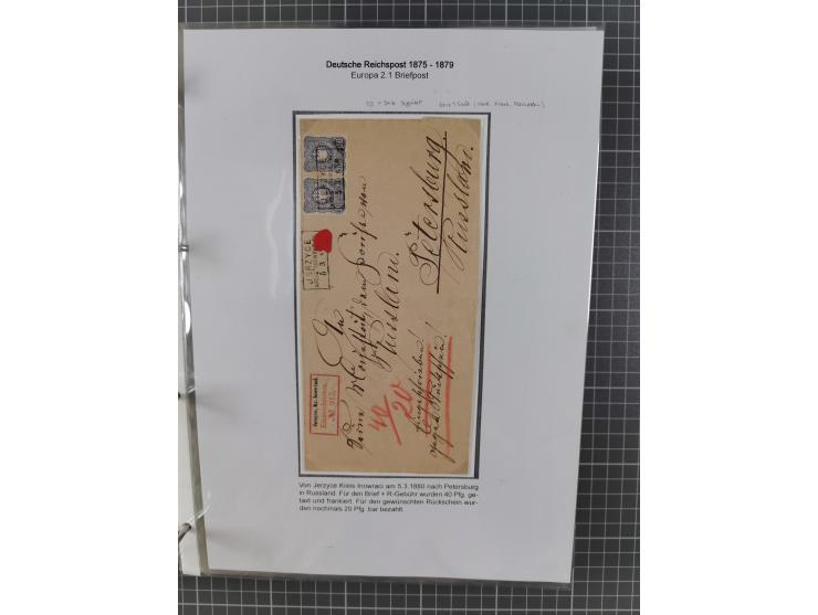 1875/79, umfangreiche Sammlung mit ca. 160 Briefen, Karten, Paketkarten und Ganzsachen, dabei Farben, Einzel- und Mehrfachfra