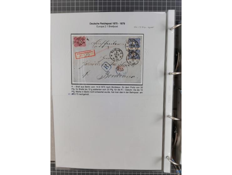 1875/79, umfangreiche Sammlung mit ca. 160 Briefen, Karten, Paketkarten und Ganzsachen, dabei Farben, Einzel- und Mehrfachfra