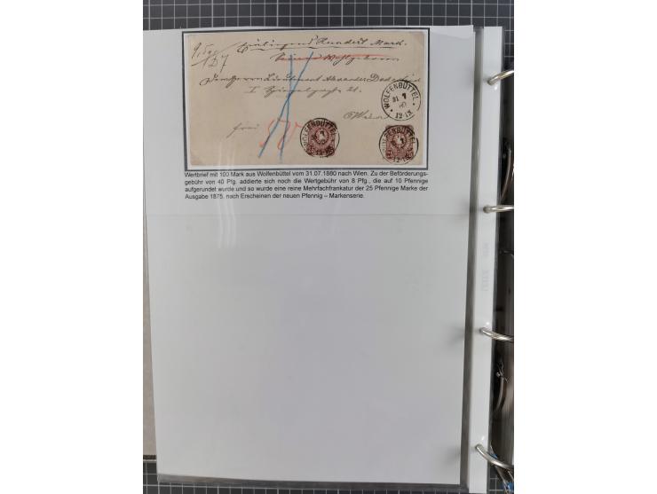 1875/79, umfangreiche Sammlung mit ca. 160 Briefen, Karten, Paketkarten und Ganzsachen, dabei Farben, Einzel- und Mehrfachfra