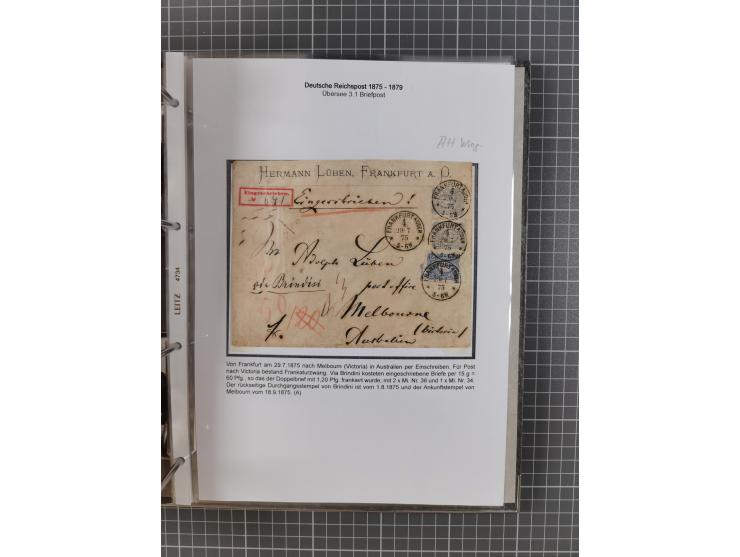 1875/79, umfangreiche Sammlung mit ca. 160 Briefen, Karten, Paketkarten und Ganzsachen, dabei Farben, Einzel- und Mehrfachfra