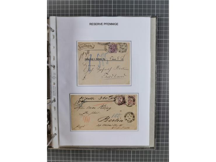 1875/79, umfangreiche Sammlung mit ca. 160 Briefen, Karten, Paketkarten und Ganzsachen, dabei Farben, Einzel- und Mehrfachfra