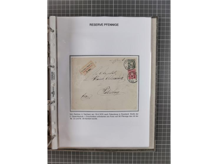 1875/79, umfangreiche Sammlung mit ca. 160 Briefen, Karten, Paketkarten und Ganzsachen, dabei Farben, Einzel- und Mehrfachfra