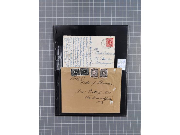 1945/59 (ca.), Bizone und Saarland, Partie mit rund 240 Belegen, interessante Frankaturen, dabei Mi.-Nr 33aBz und 19Az(12) au