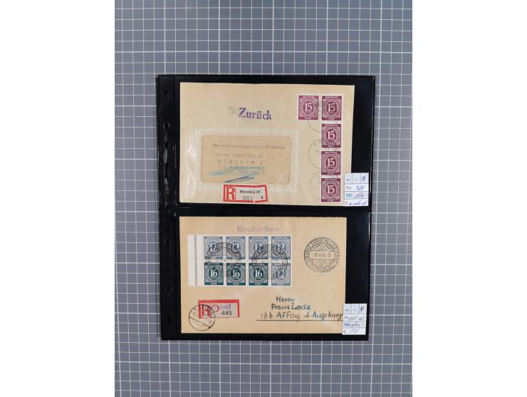 1945/59 (ca.), Bizone und Saarland, Partie mit rund 240 Belegen, interessante Frankaturen, dabei Mi.-Nr 33aBz und 19Az(12) au