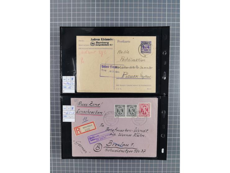 1945/59 (ca.), Bizone und Saarland, Partie mit rund 240 Belegen, interessante Frankaturen, dabei Mi.-Nr 33aBz und 19Az(12) au