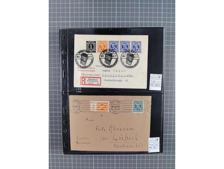 1945/59 (ca.), Bizone und Saarland, Partie mit rund 240 Belegen, interessante Frankaturen, dabei Mi.-Nr 33aBz und 19Az(12) au