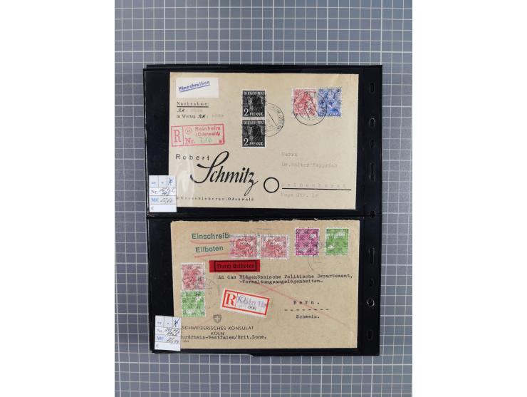 1945/59 (ca.), Bizone und Saarland, Partie mit rund 240 Belegen, interessante Frankaturen, dabei Mi.-Nr 33aBz und 19Az(12) au