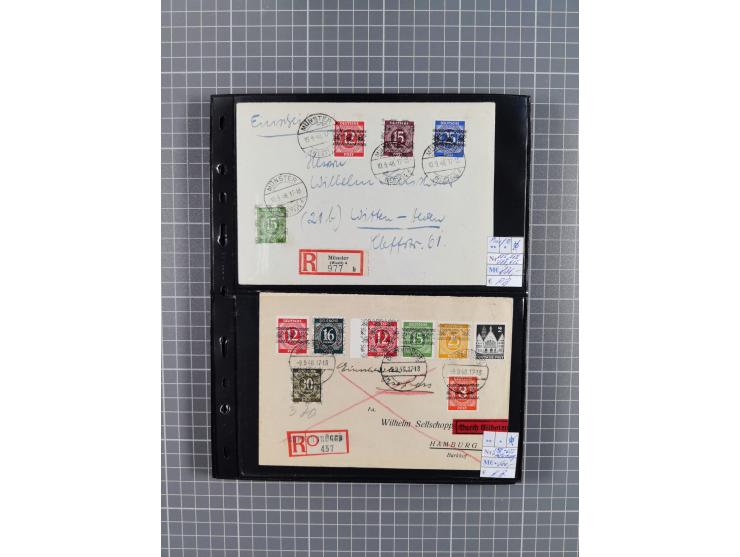 1945/59 (ca.), Bizone und Saarland, Partie mit rund 240 Belegen, interessante Frankaturen, dabei Mi.-Nr 33aBz und 19Az(12) au